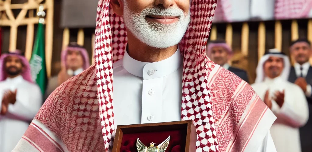 DALL·E 2024 11 16 13 25 10 An elderly Saudi man wearing traditional attire including a white thobe and a red and white checkered shemagh standing on a stage receiving a retire 1024x500