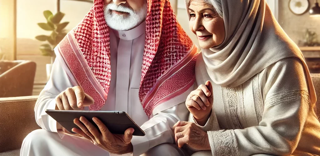 DALL·E 2024 11 24 12 32 32 A detailed digital illustration of an elderly Saudi couple using technology together  The man wears a traditional white thobe and red and white shemag 1024x500