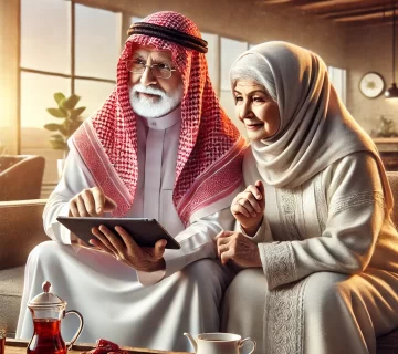 DALL·E 2024 11 24 12 32 32 A detailed digital illustration of an elderly Saudi couple using technology together  The man wears a traditional white thobe and red and white shemag 360x320
